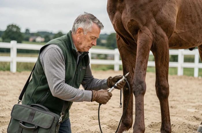 Professionele paardendierenarts inspecteert het been van een paard in een buitenmanege in een landelijke omgeving