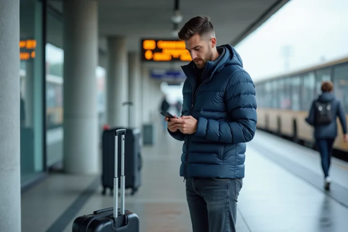 Voyageur masculin consultant l'assistance Blablacar Bus depuis une gare routière avec son téléphone