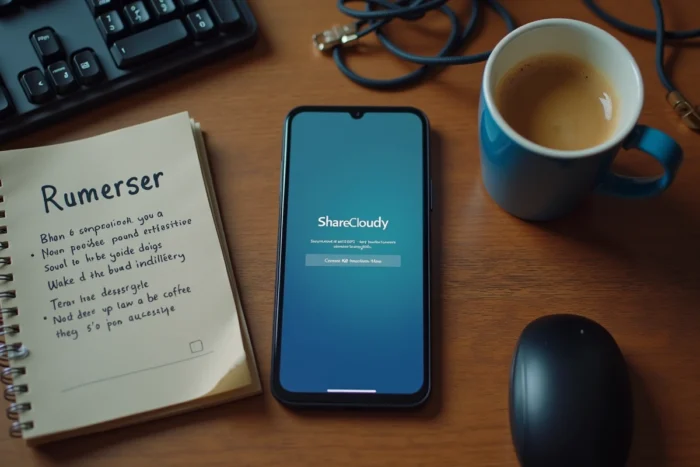 Vue aérienne d'un bureau avec smartphone affichant une erreur de connexion refusée ShareCloudy, clavier, bloc-notes et câble ethernet